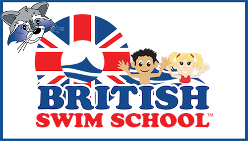 Blue box frame with raccoon head on the upper left corner.  Inside the frame is the British Swim School logo featuring a little boy and girl in water with a lifesaver with Britain